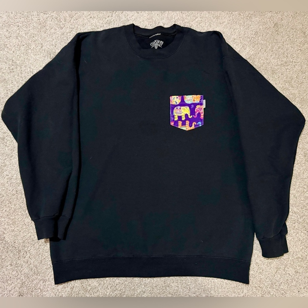 Serengetee Black Crew Sweatshirt with Colorful Elephant Front Pocket